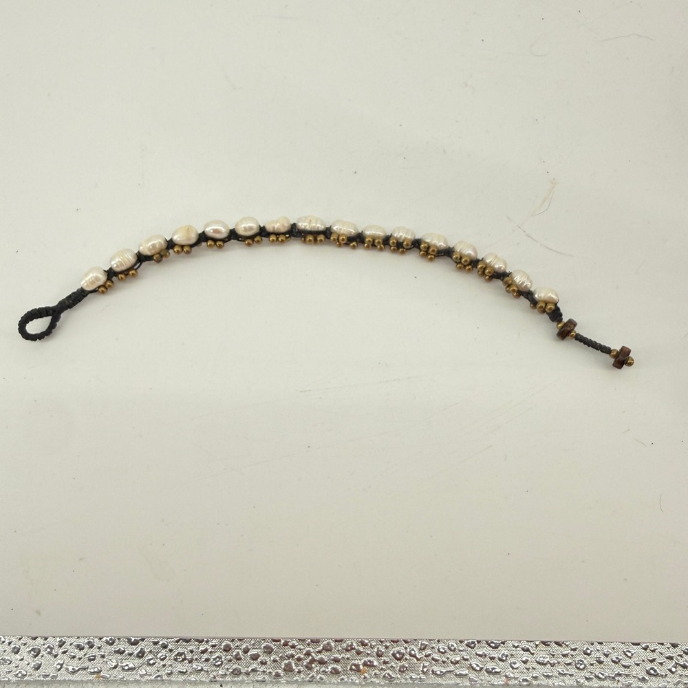 Pearl Cord‎ Bracelet Womens OS White Brass Boho Artisan Beaded 8.4" Length